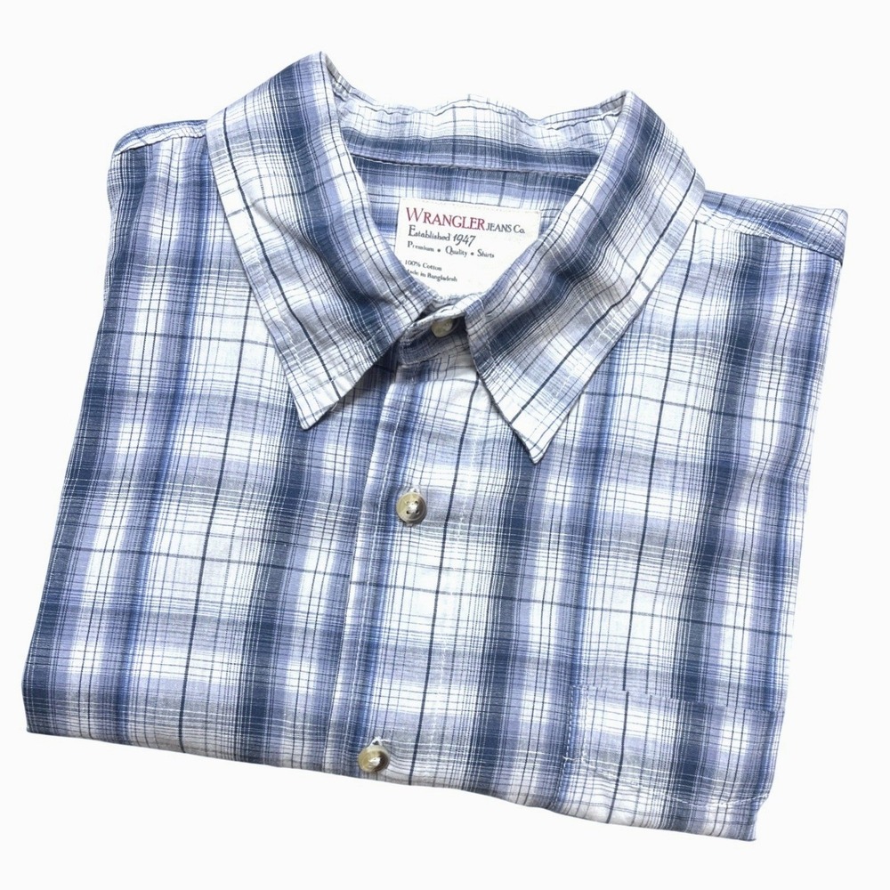 WRANGLER JEANS CO MEN'S XL Blue White Plaid Long Sleeve Button Down Cotton Shirt